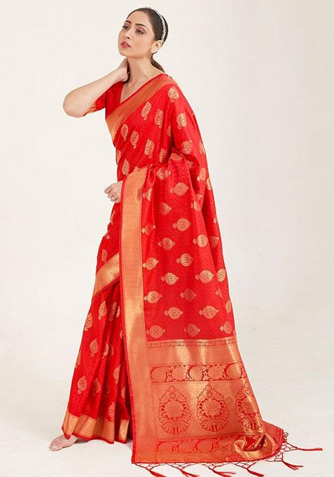 Red Zari Woven Art Silk Saree Set