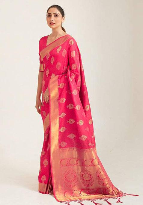 Rani Pink Zari Woven Art Silk Saree Set