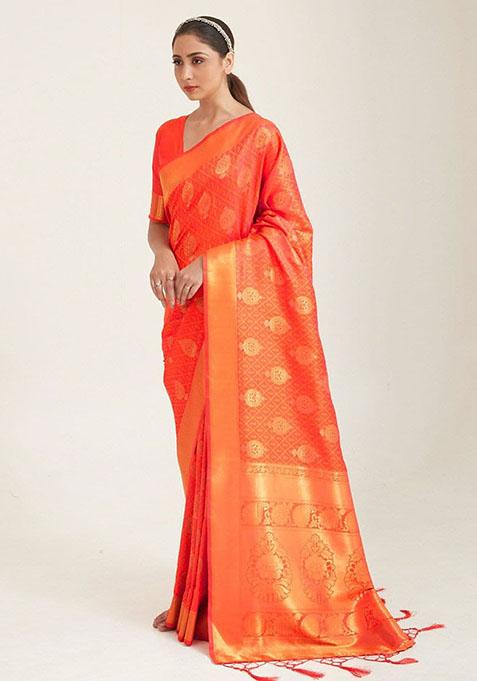 Orange Zari Woven Art Silk Saree Set