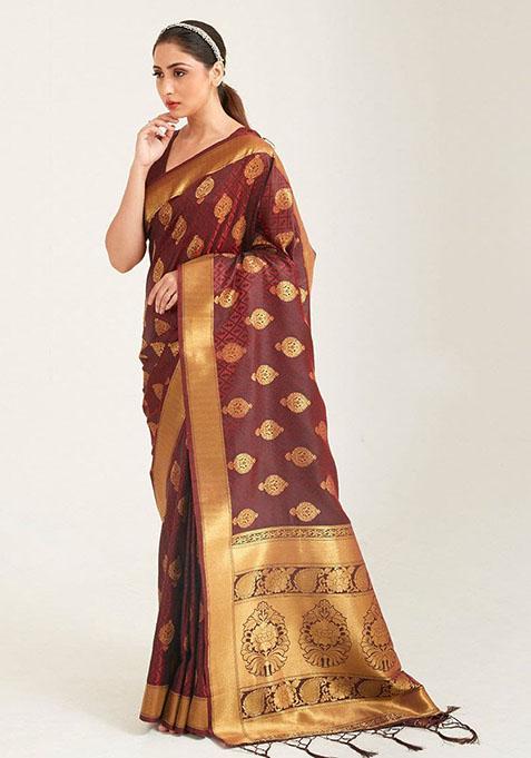 Brown Zari Woven Art Silk Saree Set