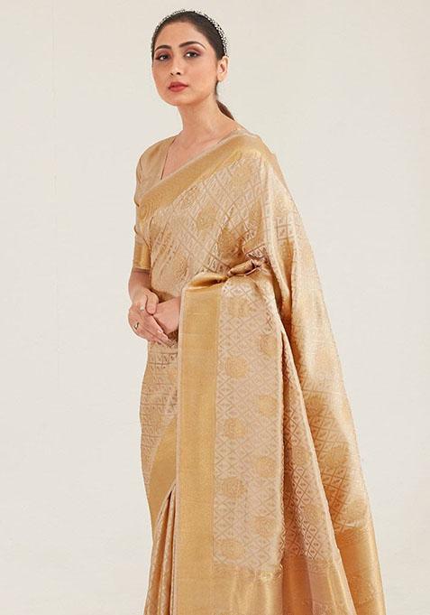 Cream Zari Woven Art Silk Saree Set