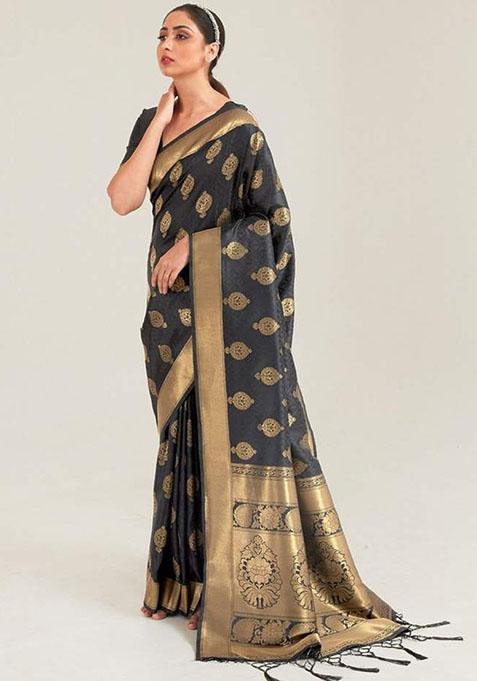 Black Zari Woven Art Silk Saree Set