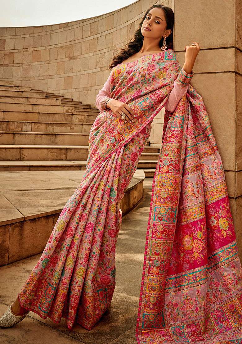 Pink Zari Woven Silk Saree Set for Diwali and Festive Wear - Indya