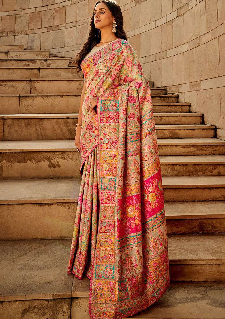 Cream Zari Woven Silk Saree Set for Diwali and Festive Wear - Indya