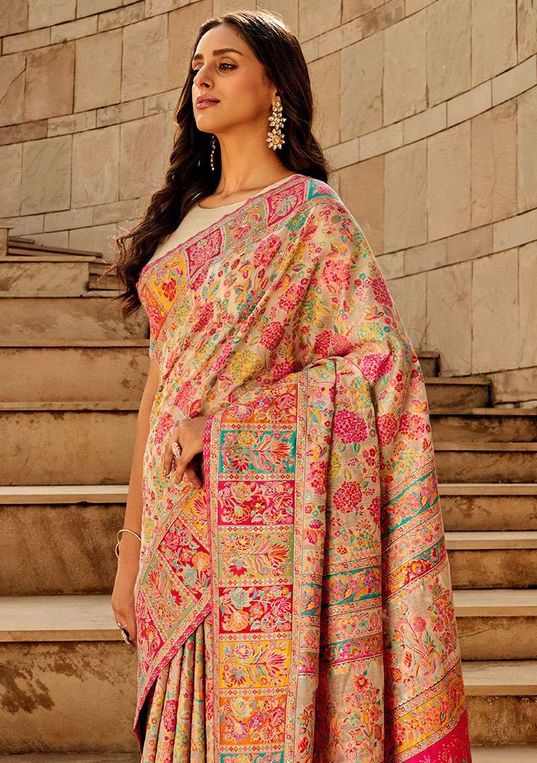 Cream Zari Woven Silk Saree Set for Diwali and Festive Wear - Indya