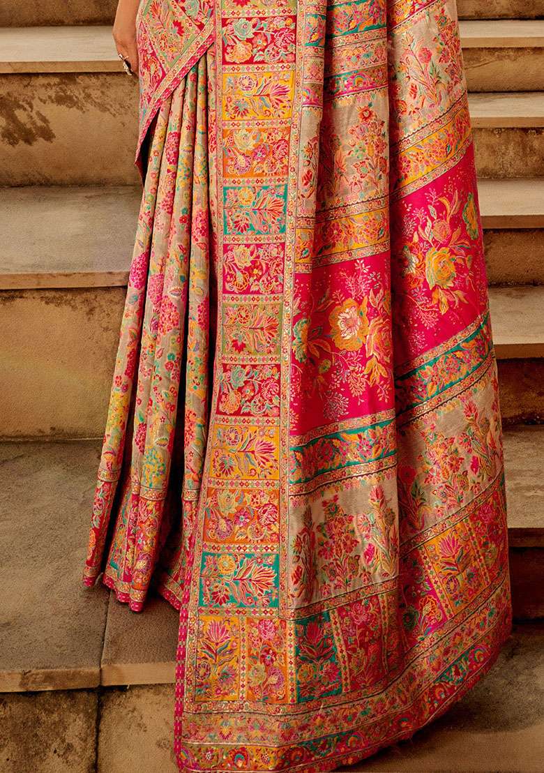 Cream Zari Woven Silk Saree Set for Diwali and Festive Wear - Indya