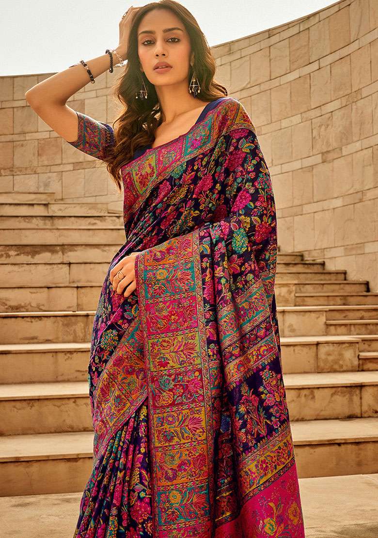 Blue Zari Woven Silk Saree Set for Diwali | Wedding & Festive Wear - Indya