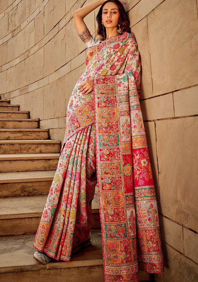 Off White Zari Woven Silk Saree Set for Diwali | Wedding & Festive Wear - Indya