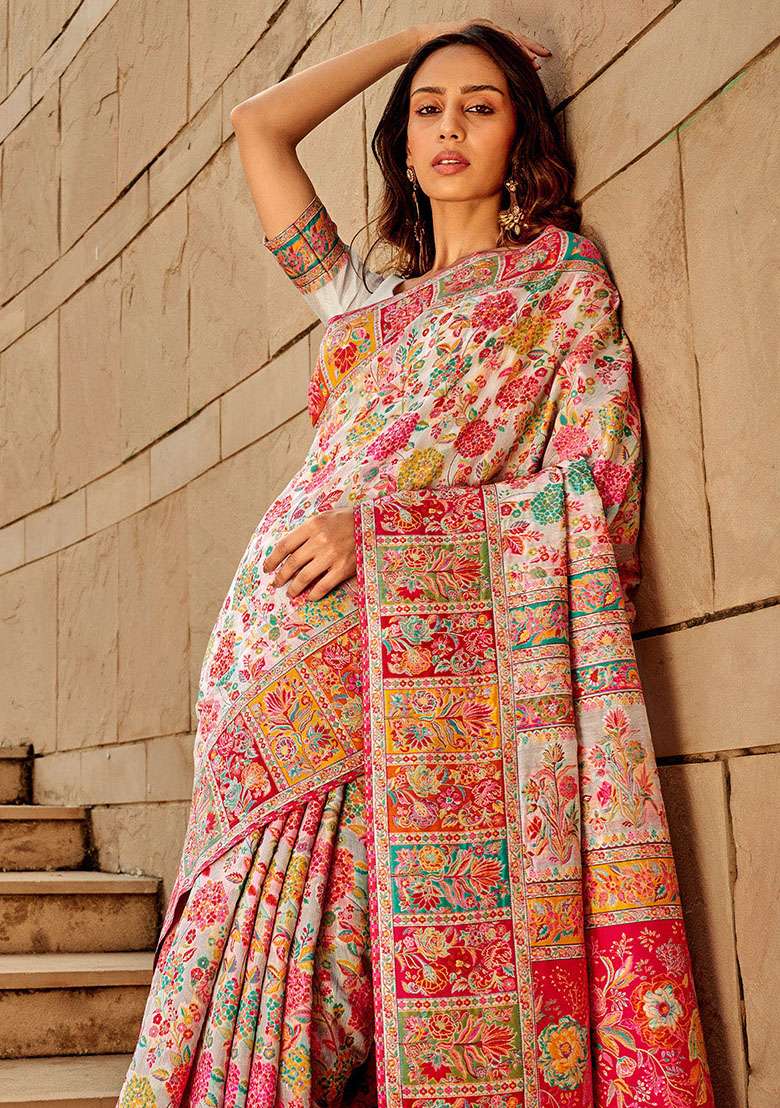 Off White Zari Woven Silk Saree Set for Diwali | Wedding & Festive Wear - Indya