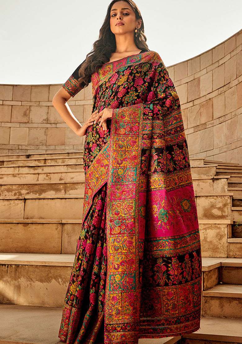 Black Zari Woven Silk Saree Set for Diwali and Festive Wear - Indya