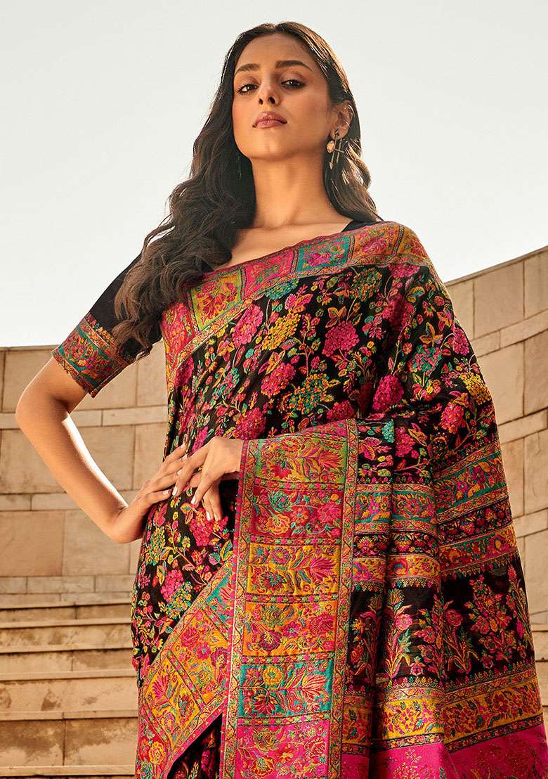 Black Zari Woven Silk Saree Set for Diwali and Festive Wear - Indya