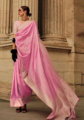 Pink Zari Woven Silk Saree Set
