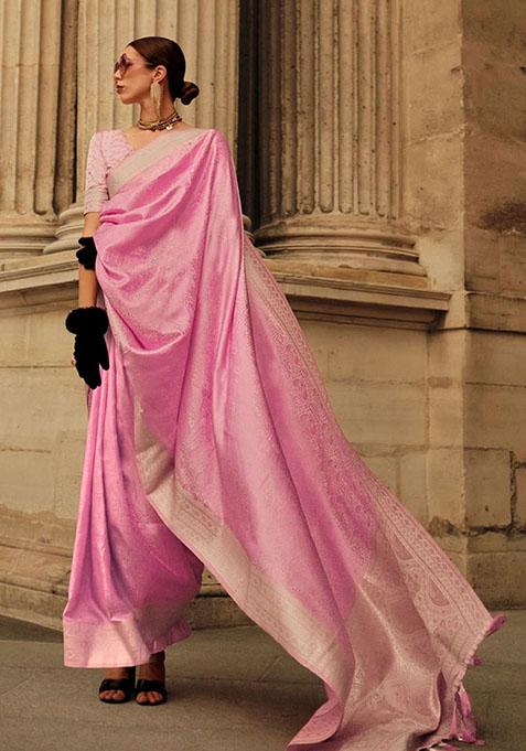 Pink Zari Woven Silk Saree Set