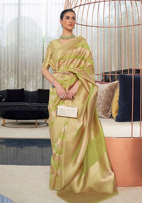 Parrot Green Zari Woven Silk Saree Set