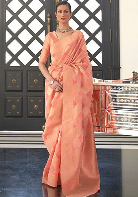 Peach Zari Woven Silk Saree Set
