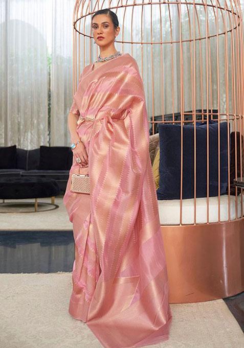 Pink Zari Woven Silk Saree Set
