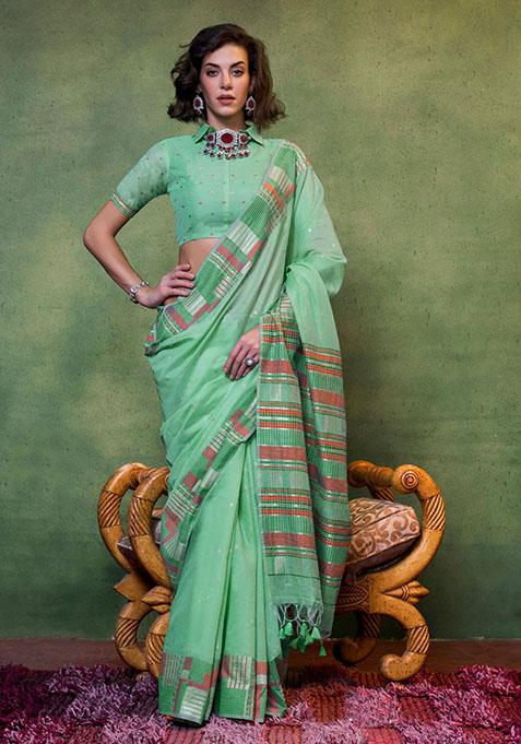 Sea Green Zari Woven Silk Saree Set