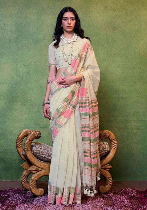 Off White Zari Woven Silk Saree Set