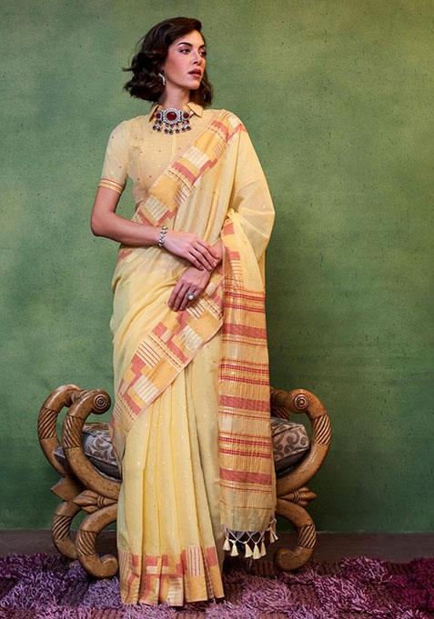 Yellow Zari Woven Silk Saree Set
