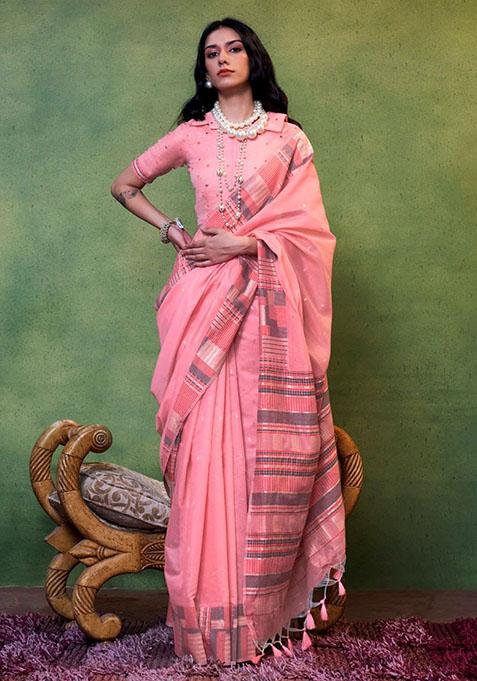 Pink Zari Woven Silk Saree Set