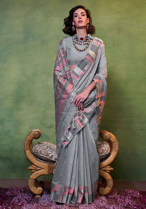 Grey Zari Woven Silk Saree Set