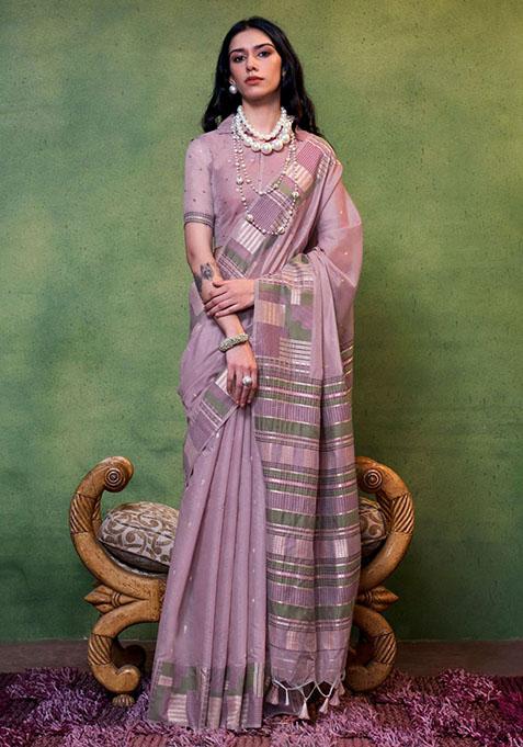 Purple Zari Woven Silk Saree Set