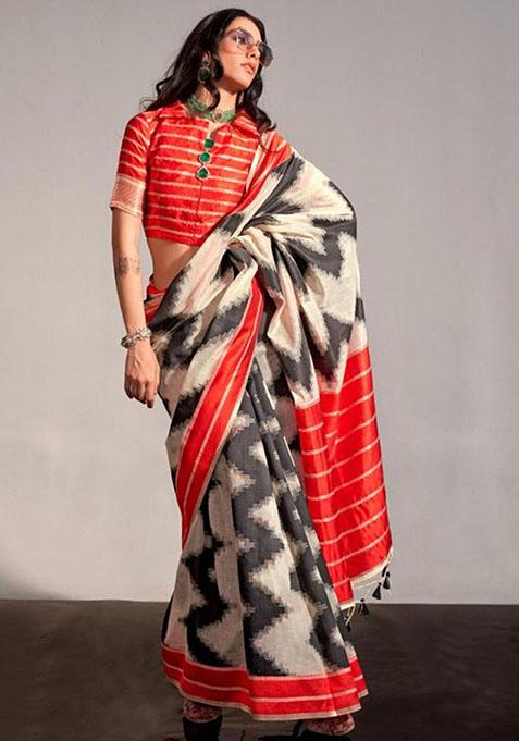 White Zari Woven Silk Saree Set