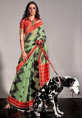 Parrot Green Zari Woven Silk Saree Set