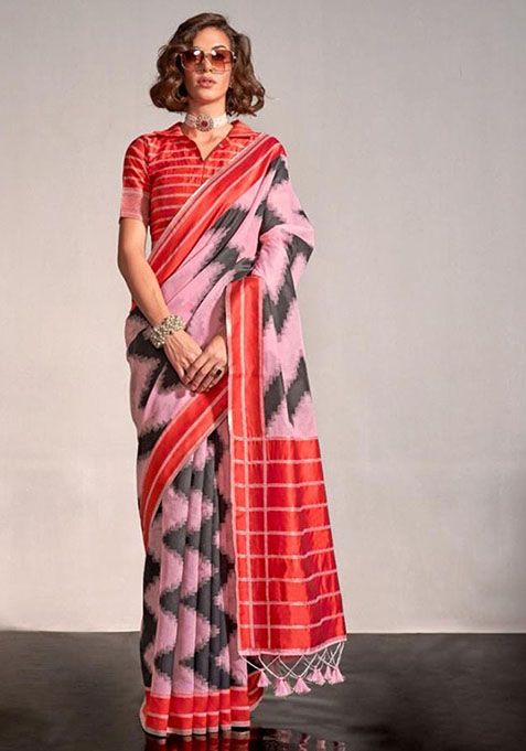 Peach Zari Woven Silk Saree Set