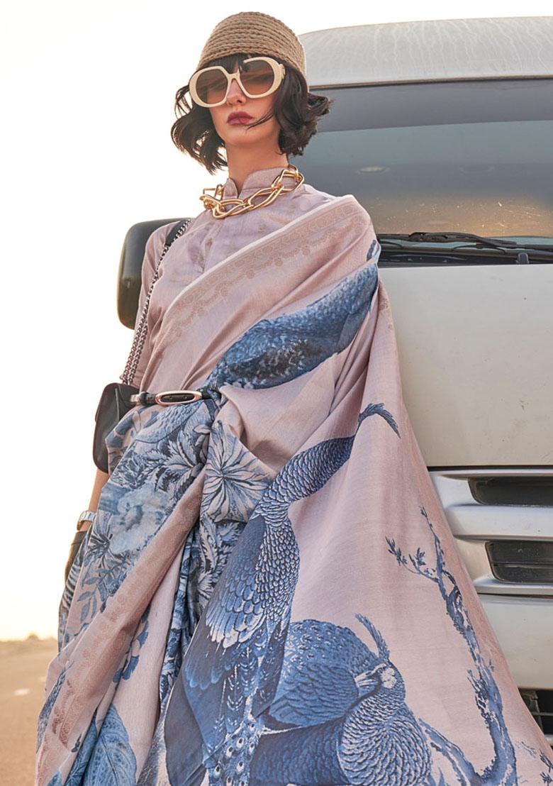 Blue Zari Woven Silk Saree Set - Indya