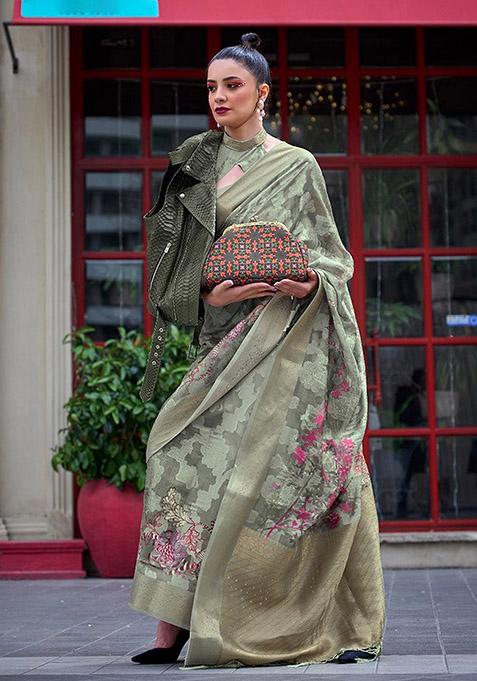 Green Zari Woven Silk Saree Set