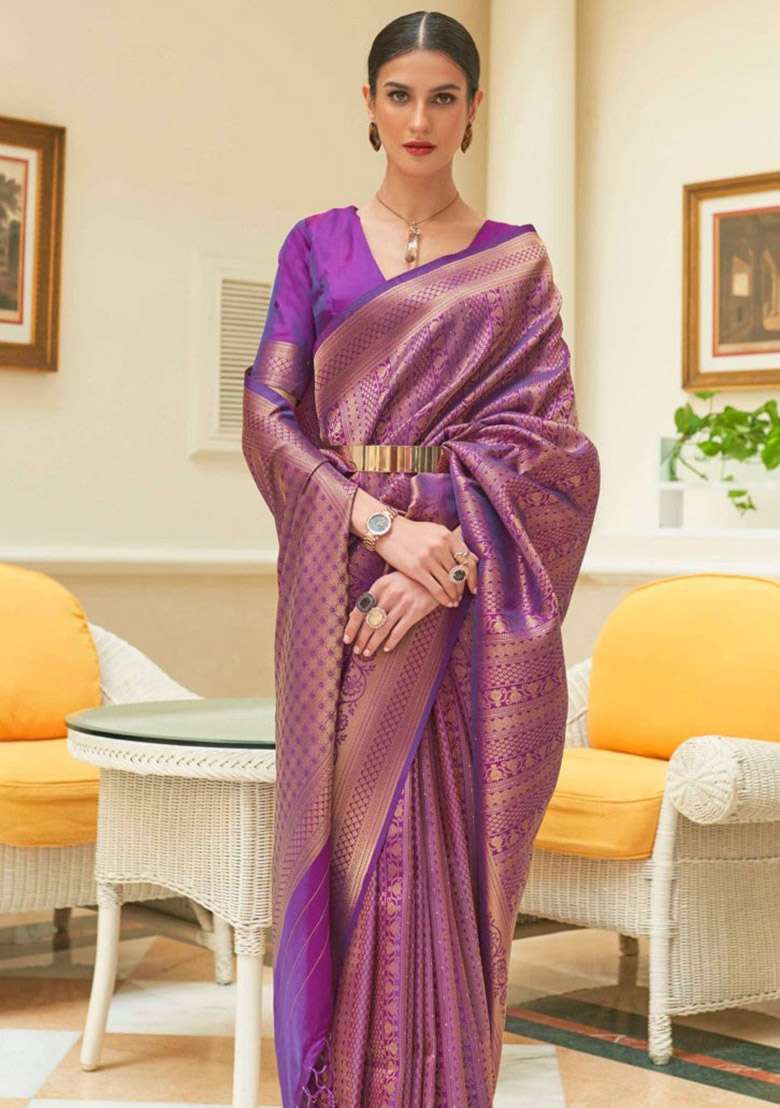 Purple Zari Woven Silk Saree Set for Diwali and Festive Wear - Indya