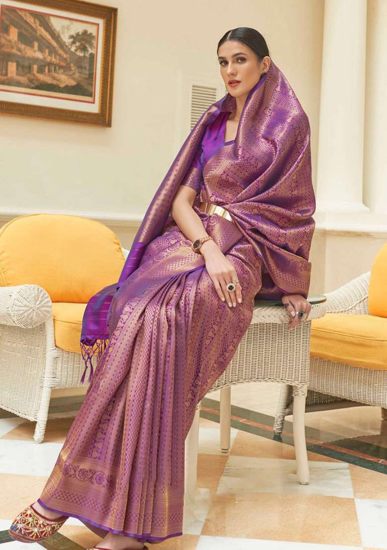 Purple Zari Woven Silk Saree Set for Diwali and Festive Wear - Indya