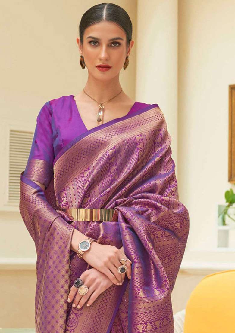 Purple Zari Woven Silk Saree Set for Diwali and Festive Wear - Indya