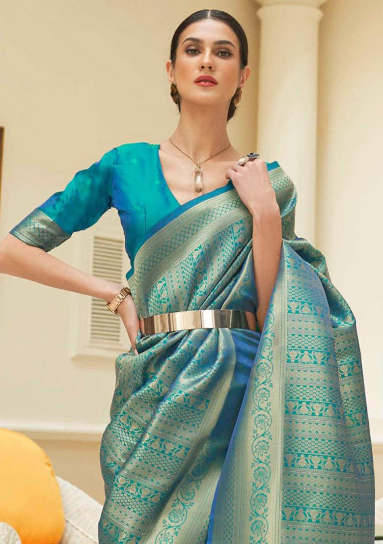 Dark Teal Zari Woven Silk Saree Set - Indya