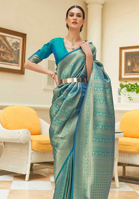 Dark Teal Zari Woven Silk Saree Set