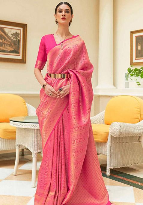 Pink Zari Woven Silk Saree Set