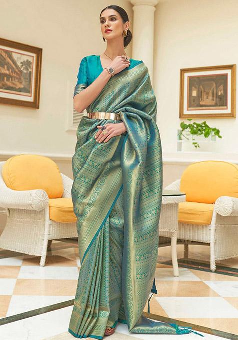 Teal Zari Woven Silk Saree Set
