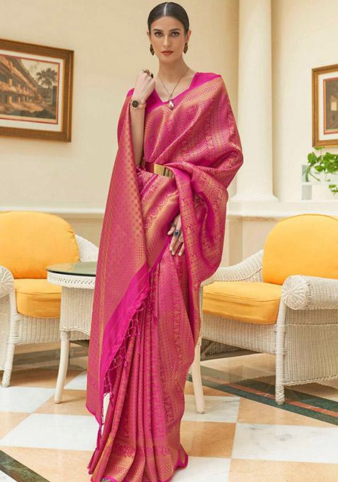 Rani Pink Zari Woven Silk Saree Set
