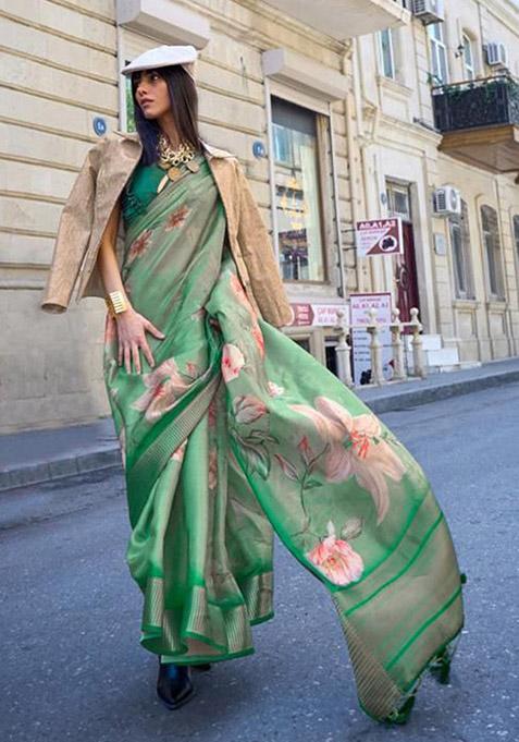 Green Zari Woven Organza Saree Set