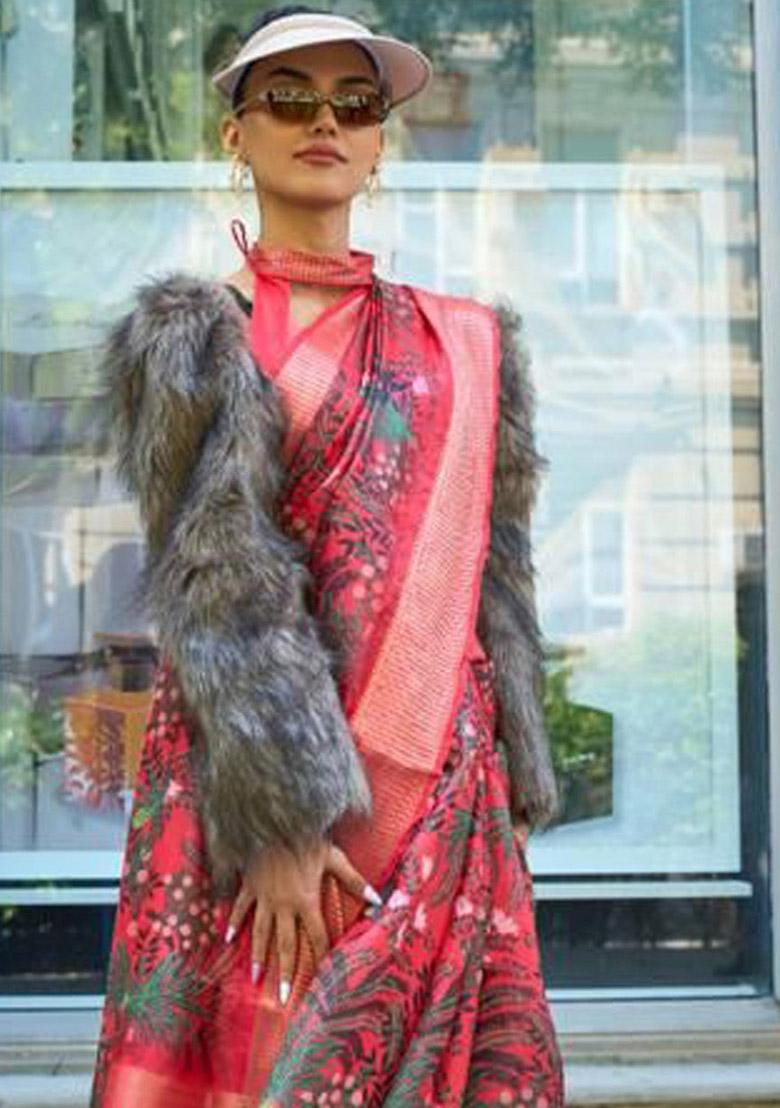 Red Zari Woven Organza Saree Set