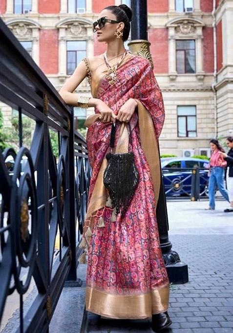 Dark Pink Zari Woven Organza Saree Set
