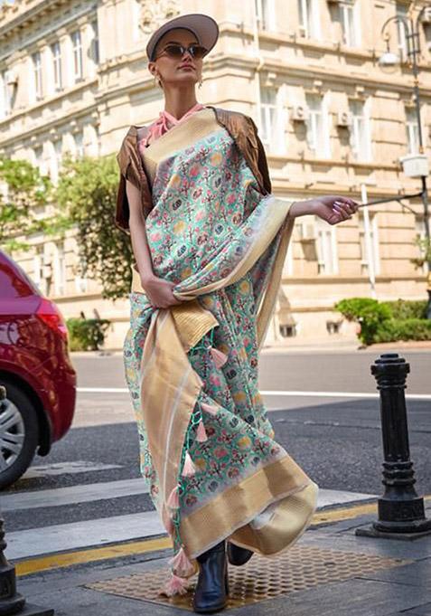 Sea Green Zari Woven Organza Saree Set