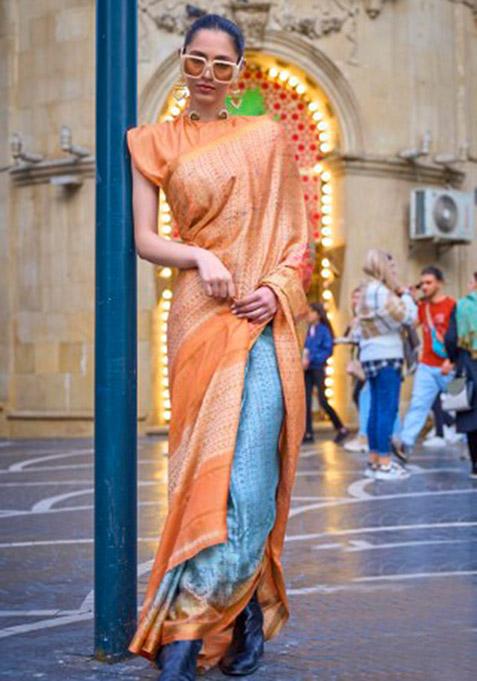 Orange Zari Woven Silk Saree Set