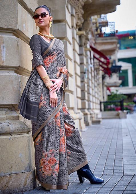 Dark Grey Zari Woven Silk Saree Set