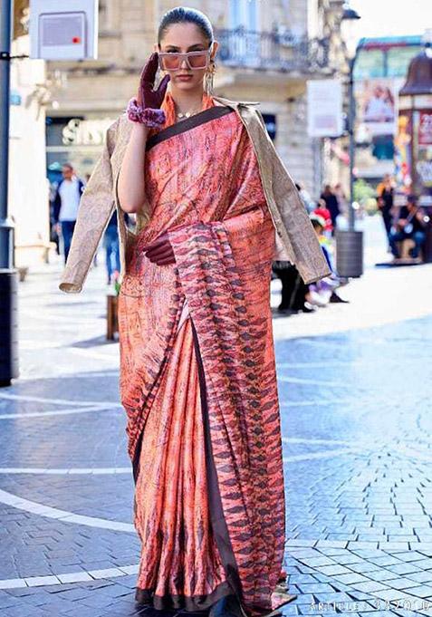 Dark Orange Zari Woven Silk Saree Set