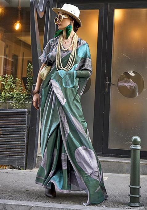 Dark Green Zari Woven Silk Saree Set