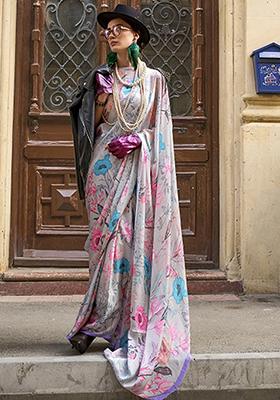 Off White Zari Woven Silk Saree Set