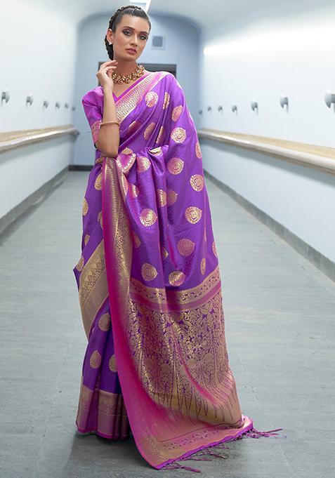 Purple Zari Woven Silk Saree Set