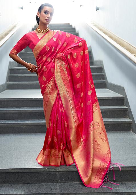 Pink Zari Woven Silk Saree Set